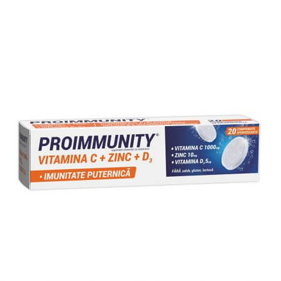 Proimmunity Vitamine C + Zinc + D3, 20 comprimés effervescents, Fiterman