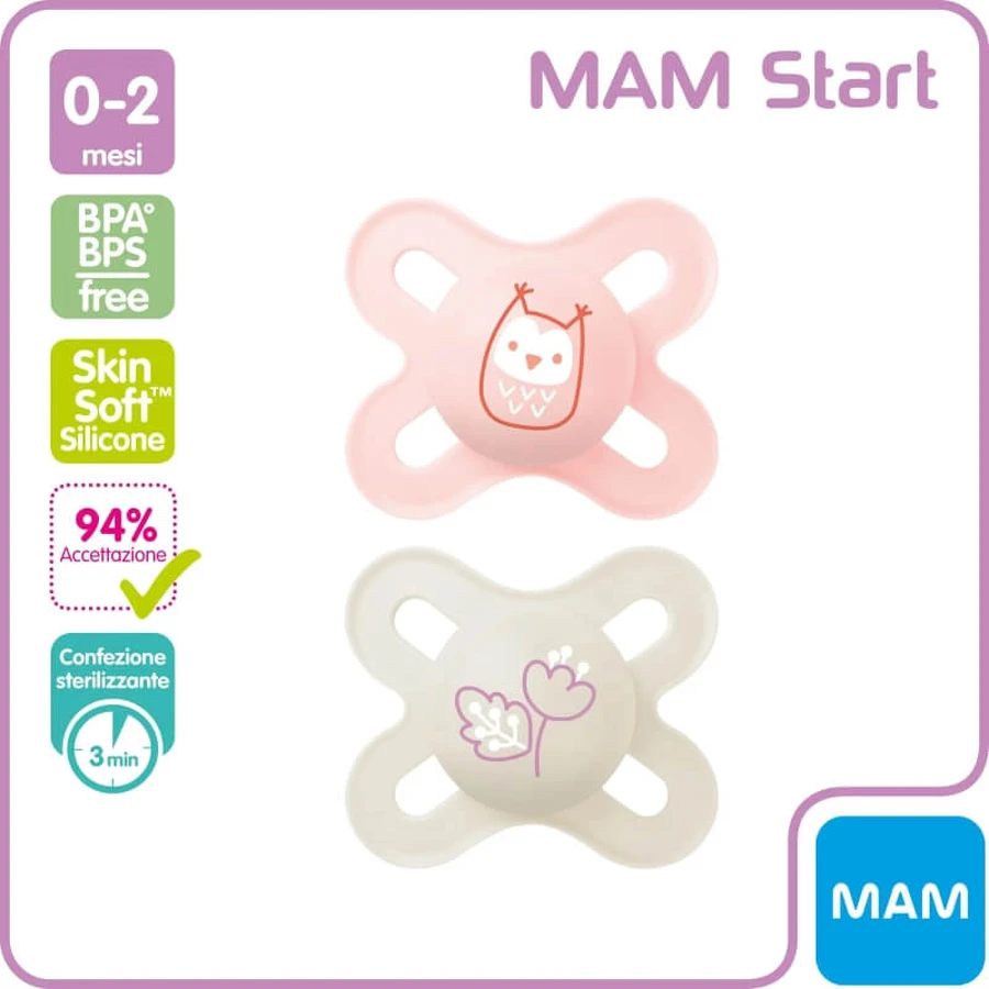 Mam Start nano - 2 pacifiers with silicone nipples, 0–2 months, pink