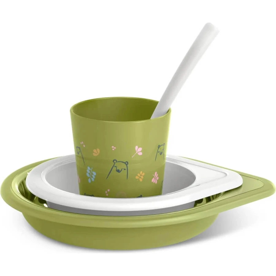 Set Suavinex pentru diversificare – farfurie plată + castron + cană + lingură – pistachio