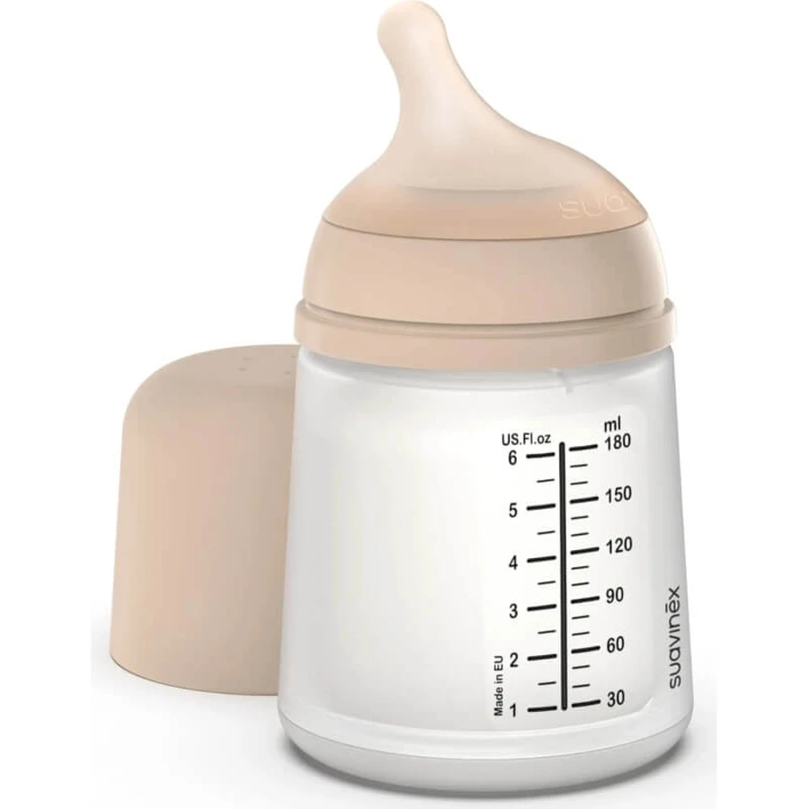 Suavinex Zero Zero Slow +0m – Anti-Kolik-Flasche mit langsamem Durchfluss, 180 ml – Light Nude