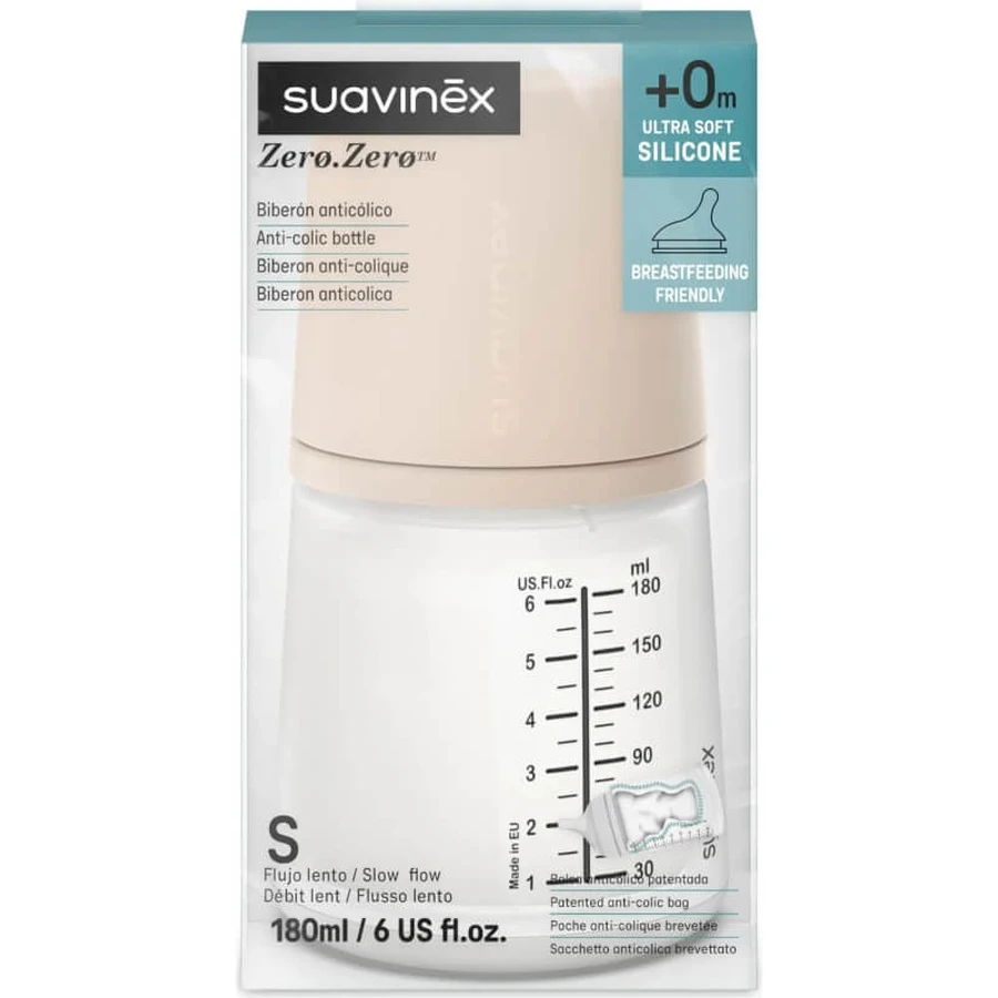 Suavinex Zero Zero Slow +0m – Anti-Kolik-Flasche mit langsamem Durchfluss, 180 ml – Light Nude