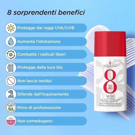 Elizabeth Arden Crème solaire pour le visage SPF 40 Eight Hour Hydraplay Daily Defense Fluide nourrissant à large spectre et haute protection 50 ml