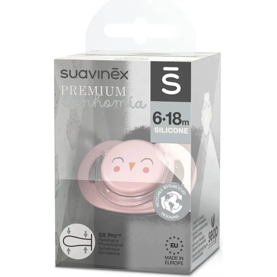Suavinex Bonhomia – suzetă din silicon SX Pro 6-18 luni – bufniță roz