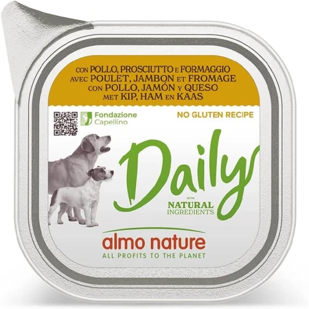 Almo nature Meniu zilnic cu pui, șuncă și brânză – hrană umedă completă pentru câini adulți, 100 gr