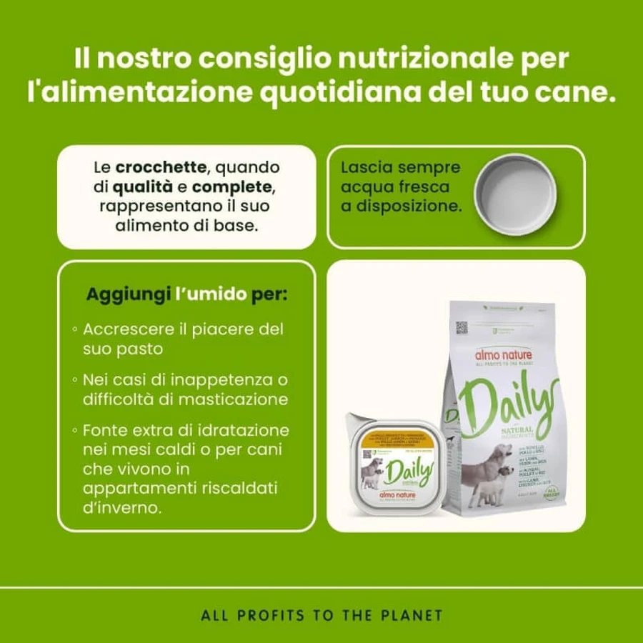 Almo nature Meniu zilnic cu pui, șuncă și brânză – hrană umedă completă pentru câini adulți, 100 gr