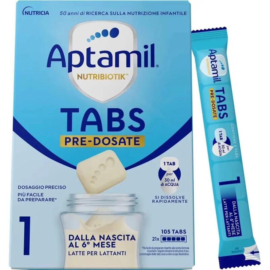 Aptamil Nutribiotik tabs 1 – preparat dla niemowląt w wieku 0–6 miesięcy, 21 saszetek: ceny i cechy