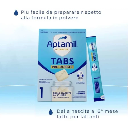 Aptamil Nutribiotik tabs 1 – preparat dla niemowląt w wieku 0–6 miesięcy, 21 saszetek: ceny i cechy