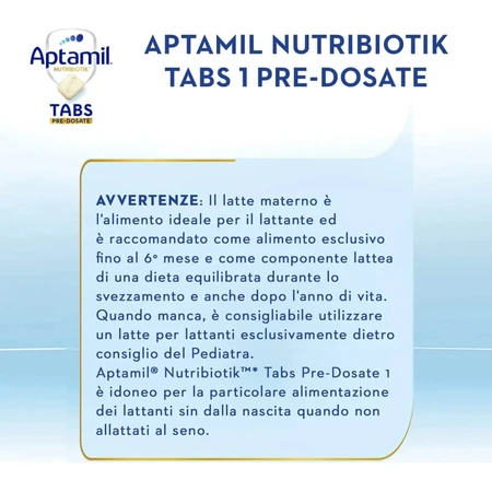 Aptamil Nutribiotik tabs 1 – preparat dla niemowląt w wieku 0–6 miesięcy, 21 saszetek: ceny i cechy