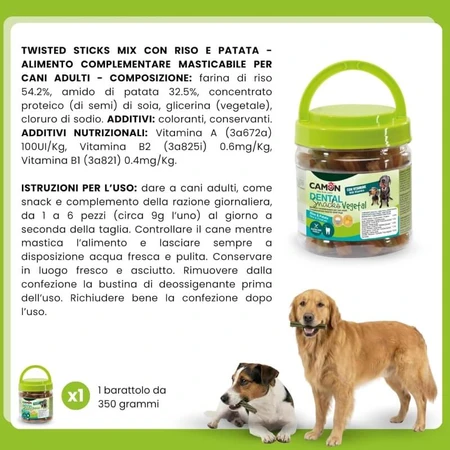 Camon Dental snack vegetal – hrană pentru câini cu orez, cartofi și vitamine adăugate, 350 gr
