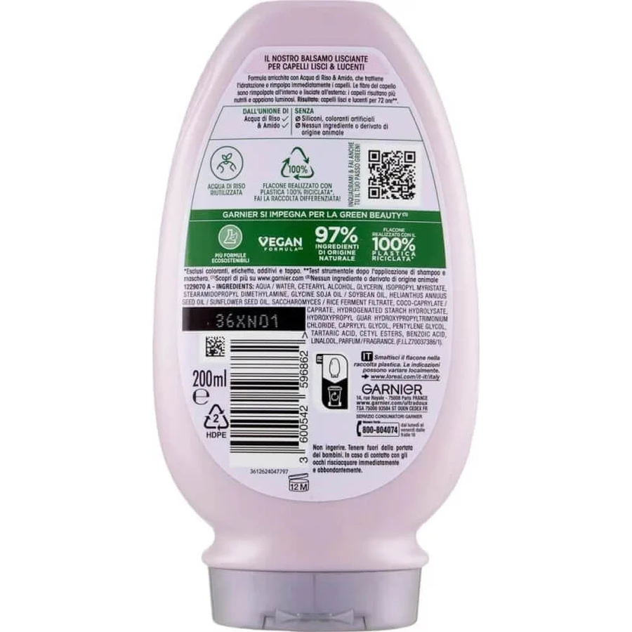 Garnier Ultra Delicate Apă de orez &amp; amidon - balsam de netezire 200 ml