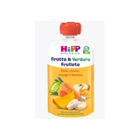 Batido de frutas y verduras Hipp: con manzana, zanahoria, mango y plátano; ecológico y sin azúcares añadidos, 90 g