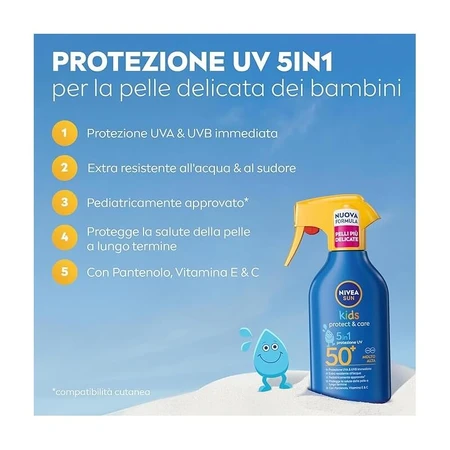 Nivea crema solare 50+ spf sun kids protech &amp;care 5 in 1 spray solare bimbi 250 ml