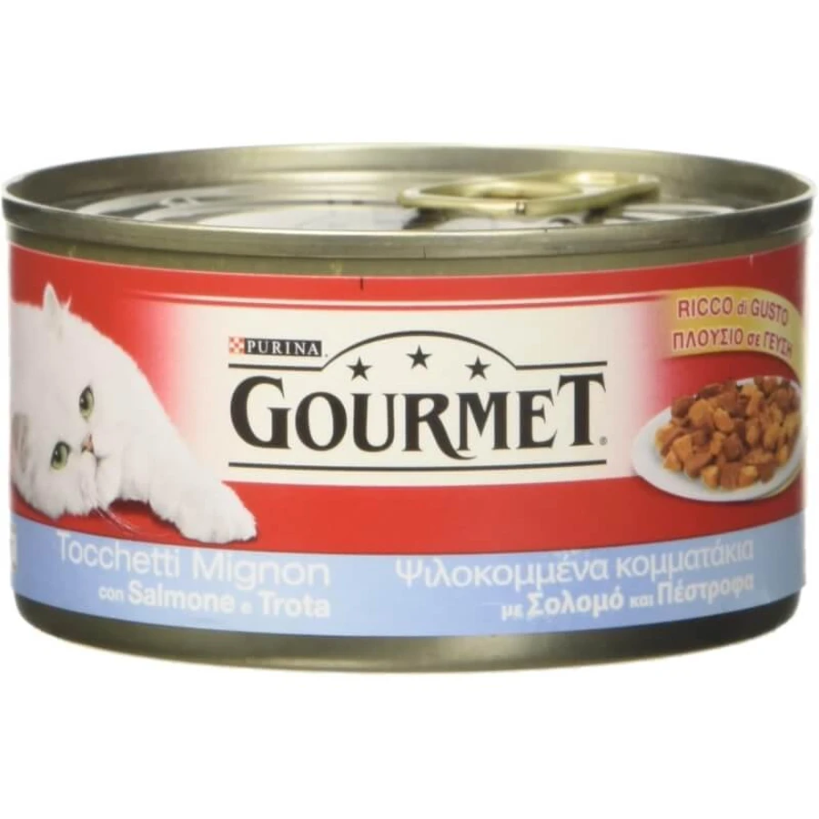 Purina Gourmet Mini Chunks mit Lachs und Forelle – Alleinfuttermittel für ausgewachsene Katzen, 195 g