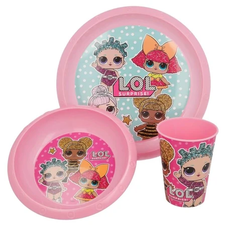 Lol Surprise Meal Set with a flat plate, a soup bowl, and a pink glass