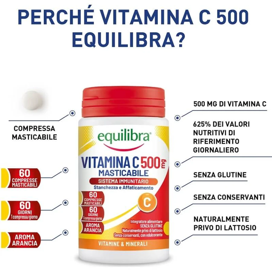 Equilibra Vitamin C 500 - Immune System Supplement, 60 Orange-Flavored Tablets