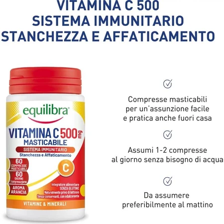 Equilibra Vitamin C 500 - Immune System Supplement, 60 Orange-Flavored Tablets