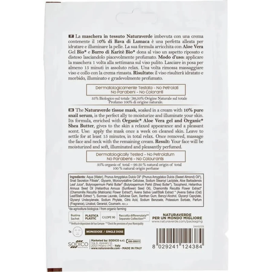 Mascarilla facial hidratante con muco de caracol de Naturaverde