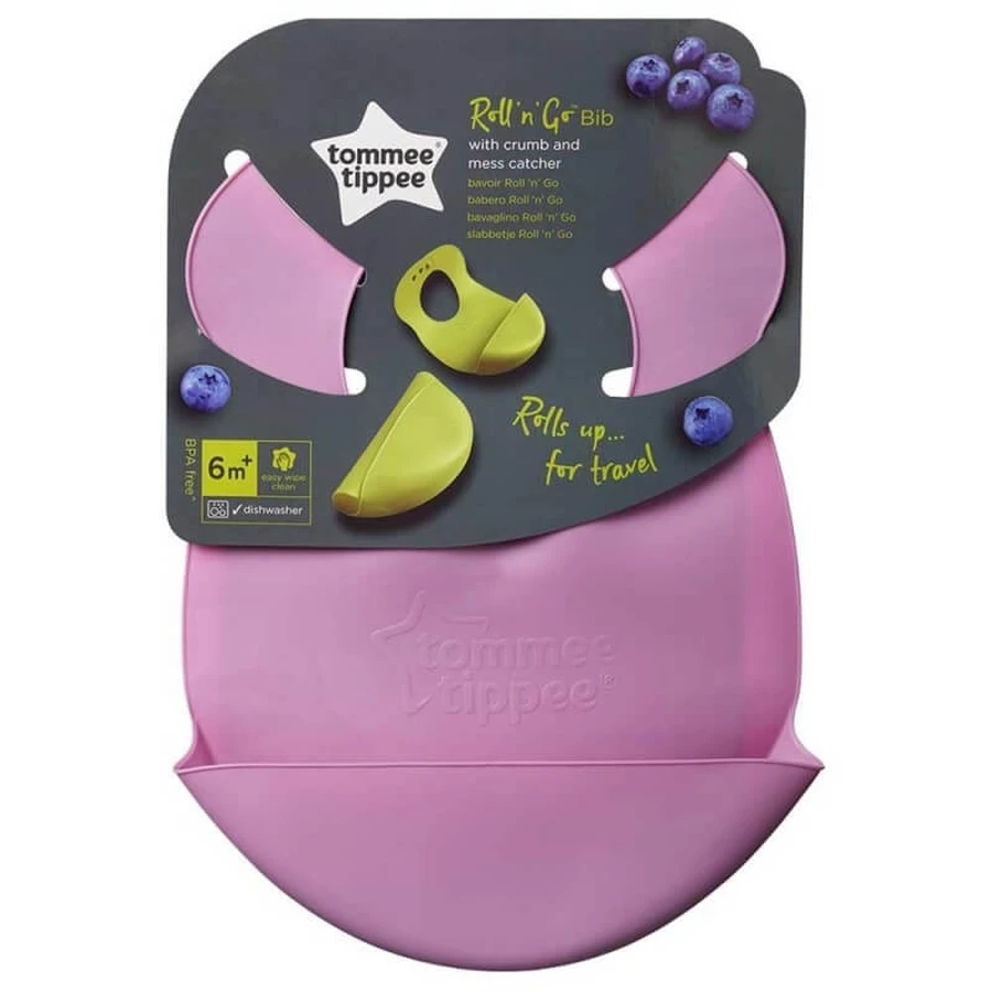 Tommee Tippee Roll 'n' Go – Silikon-Lätzchen mit Krümelfangtasche, ab 6 Monaten – verschiedene Farben
