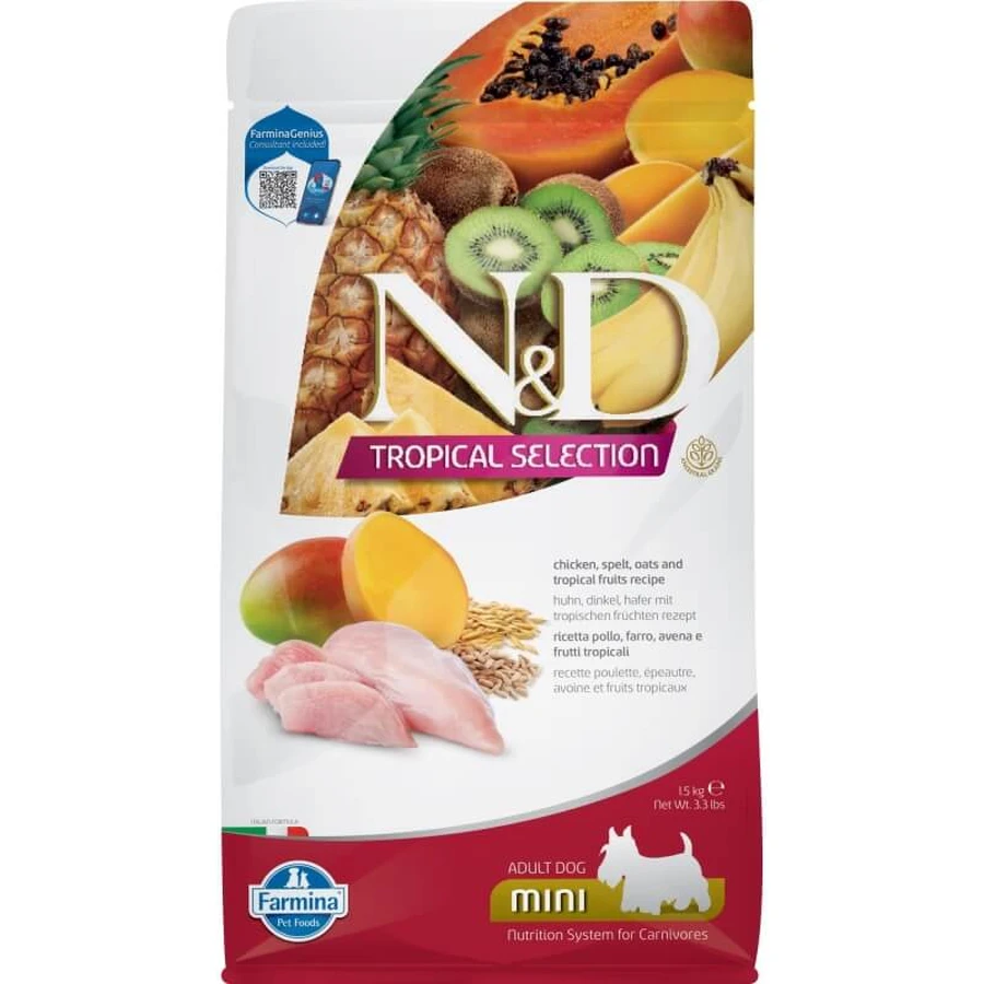 Farmina N&amp;d Tropical Selection pentru câini de talie mică, cu pui și fructe tropicale – hrană completă pentru câini adulți de talie mică, 1,5 kg