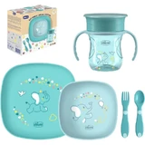 Chicco Komplettes Set für die Beikost (ab 12 Monaten) – Set mit Becher, Schüssel und rutschfestem flachem Teller in Blau