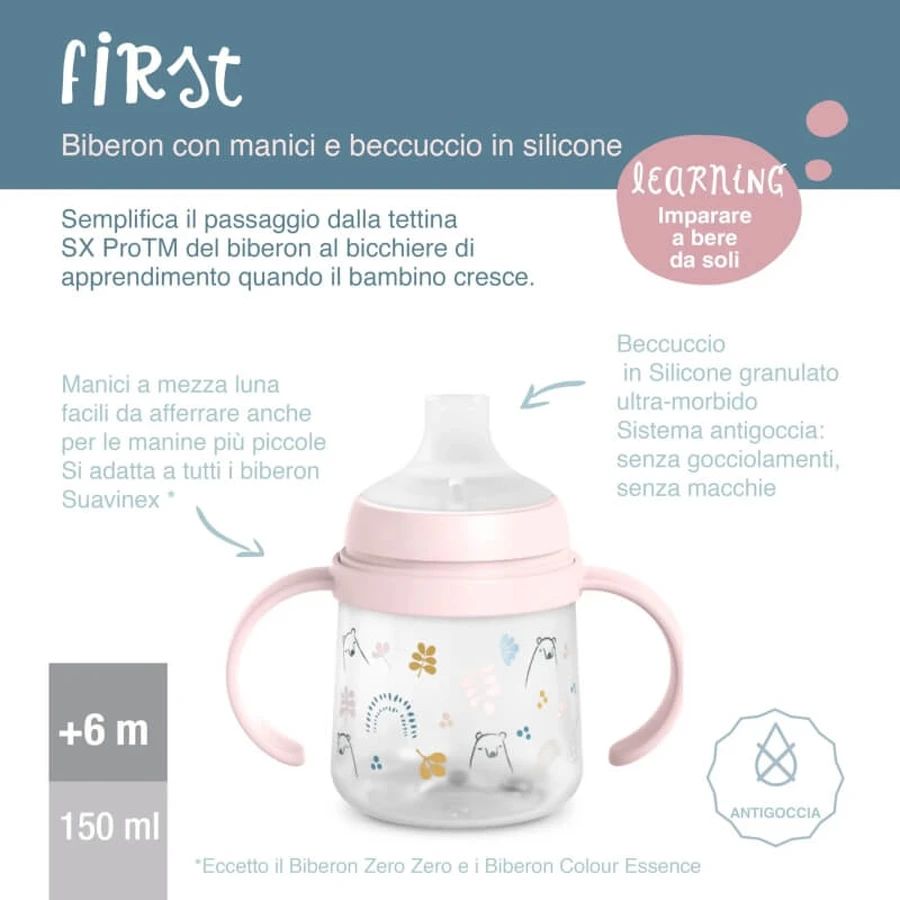 Suavinex My Family - Premier biberon avec poignée et tétine en silicone - Rose