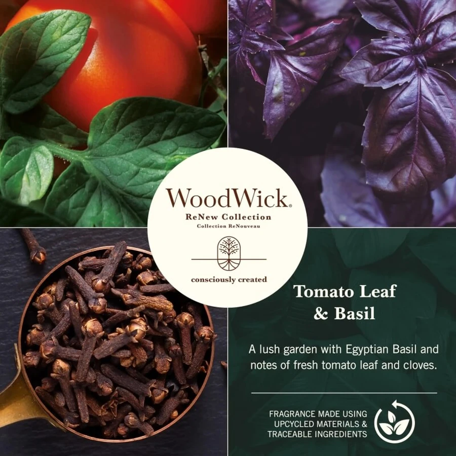 Woodwick Tomato Leaf &amp; Basil – duża świeca zapachowa, 368 g: ceny i cechy