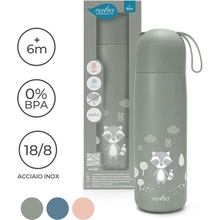 Nuvita Thermos - Botella térmica con asa ajustable de silicona, verde salvia, 400 ml