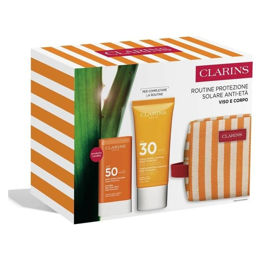 Clarins Anti-Aging Zonnebeschermingsroutine - Zonnebrandcrème voor het lichaam SPF 30 75 ml + Zonnebrandstick SPF 50 + Etui
