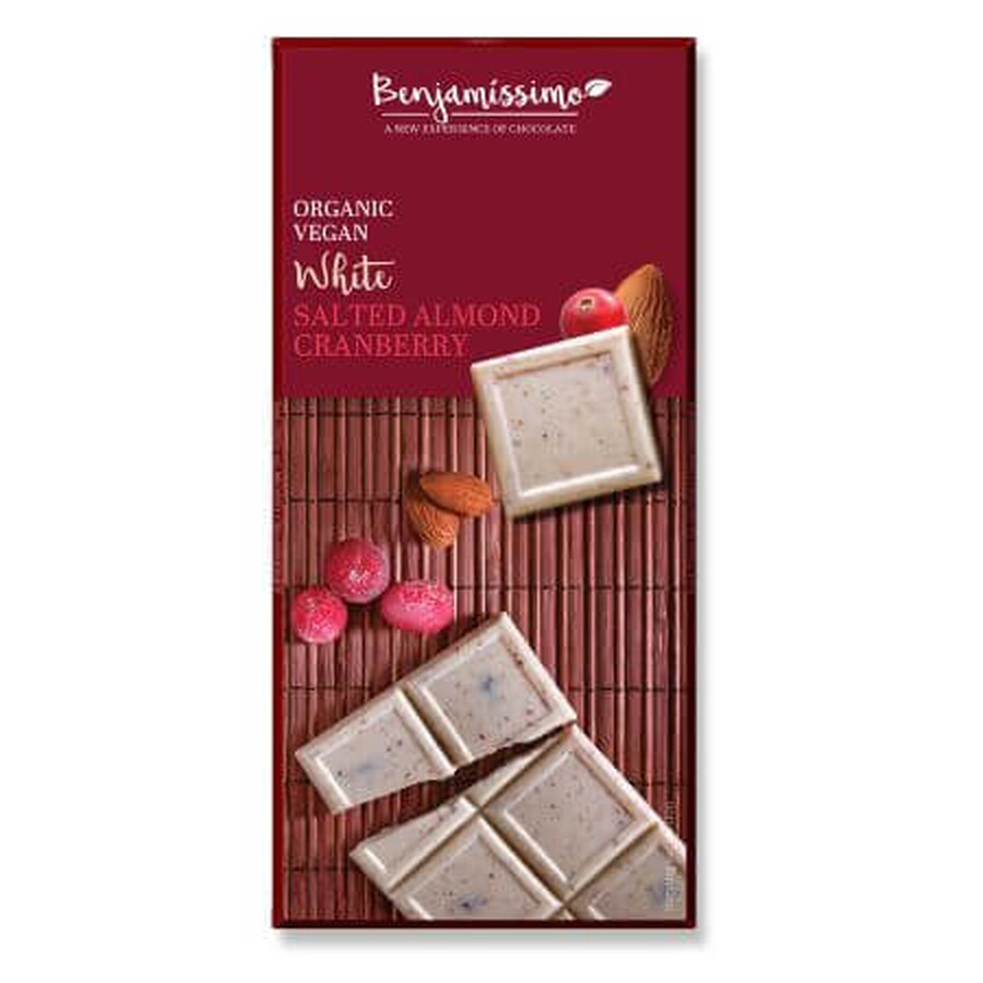 Biologische witte chocolade met gezouten amandelen en kersen, 70 g, Benjamissimo