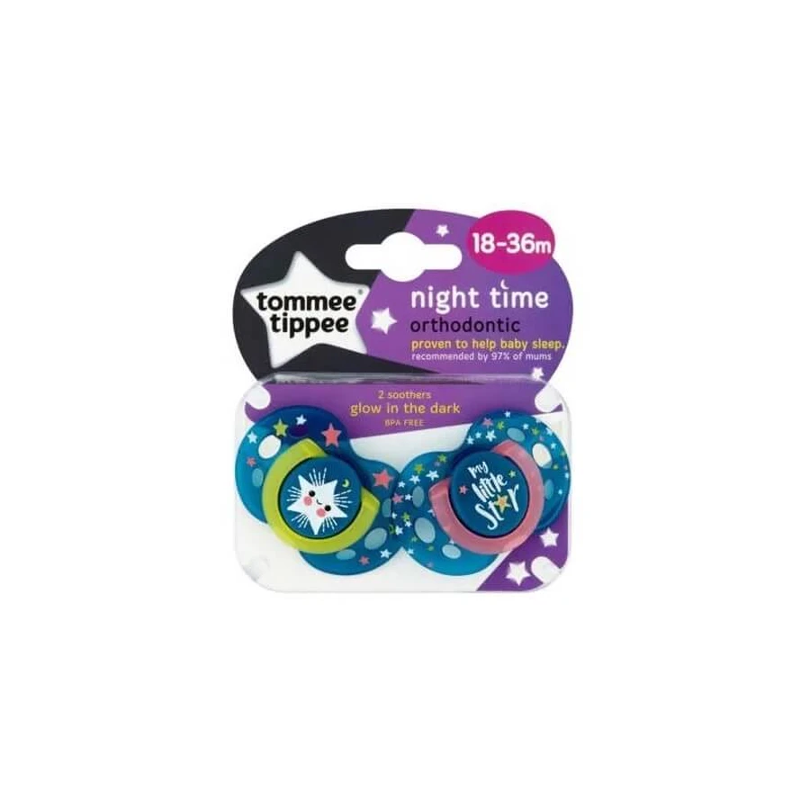Tommee Tippee Night Time Orthodontic - 2 chupetes de silicona, de 18 a 36 meses - Colores variados