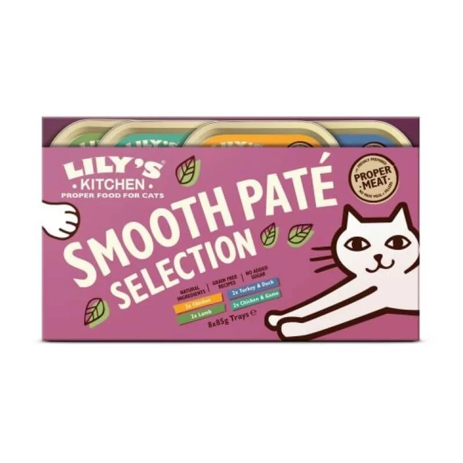 Lily’s Kitchen Lily’s Kitchen – pachet multiplu cu selecție de pateuri cremoase: porc, pui, curcan – hrană completă pentru pisici adulte 8 x 85 gr
