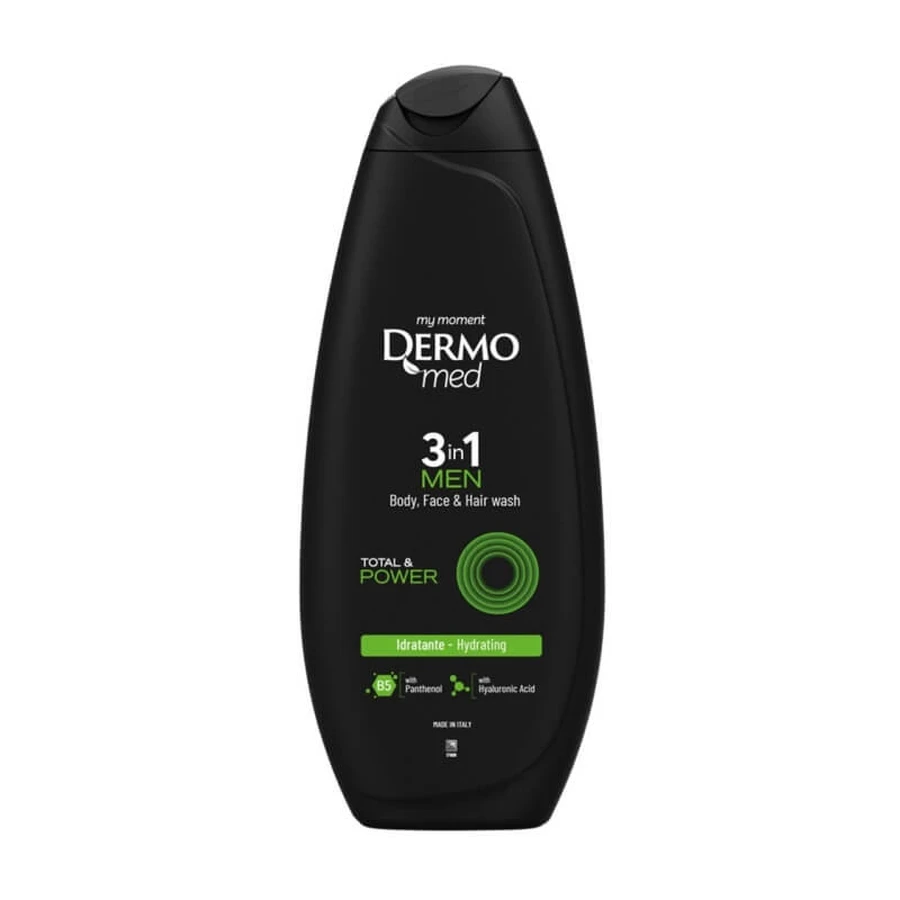 Dermomed Total &amp; Power - Gel douche énergisant 3-en-1 pour hommes (corps, visage, cheveux) 250 ml