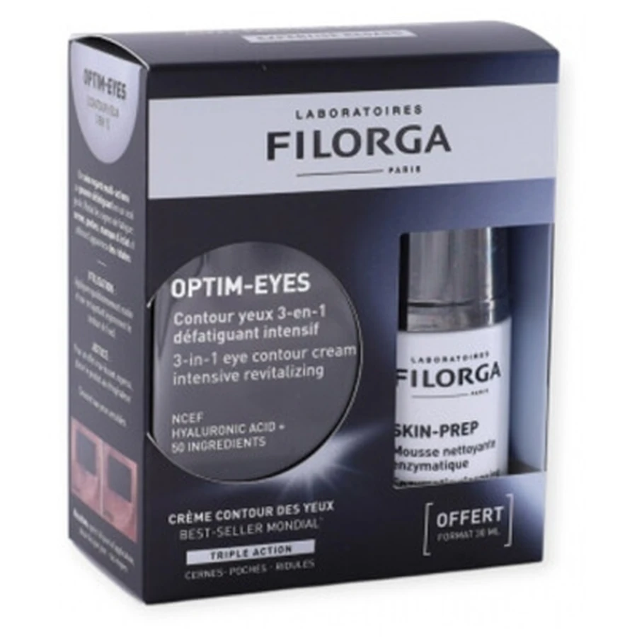 Filorga OPTIM-EYES 3-in-1 oogcontourcrème 15 ml + SKIN-PREP enzymatisch reinigingsschuim 30 ml (gratis)