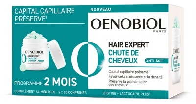 Oenobiol Hair Expert Anti-Aging-behandeling tegen haaruitval, verpakking van 2 x 60 tabletten