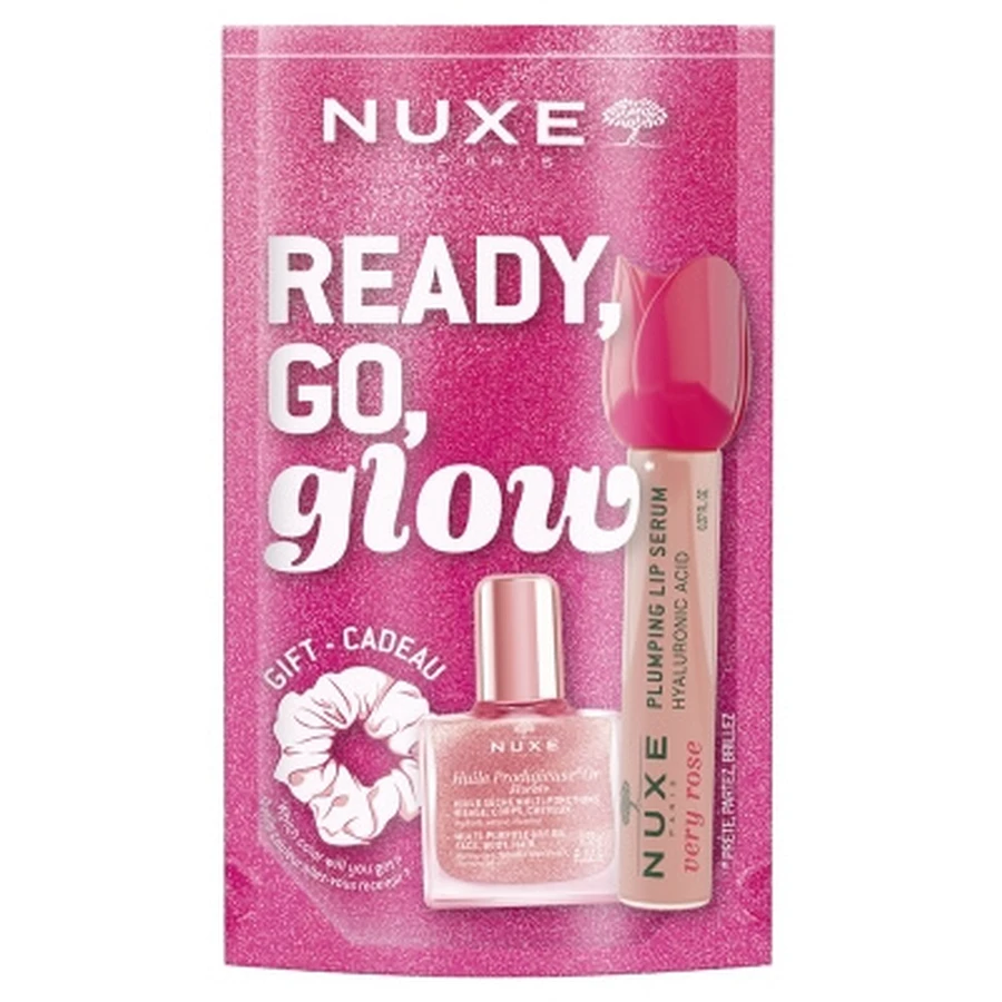 Nuxe Very Rose – serum powiększające usta 8 ml + Huile Prodigieuse Or Florale 10 ml + gratisowa gumka do włosów: ceny i cechy