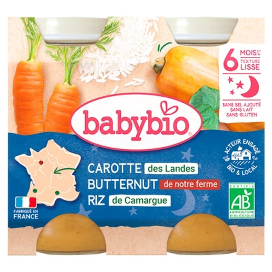 Babybio Good Night Carrot, Butternut Squash, and Rice—6 Months and Up—Organic, 2 Jars of 200 g Each