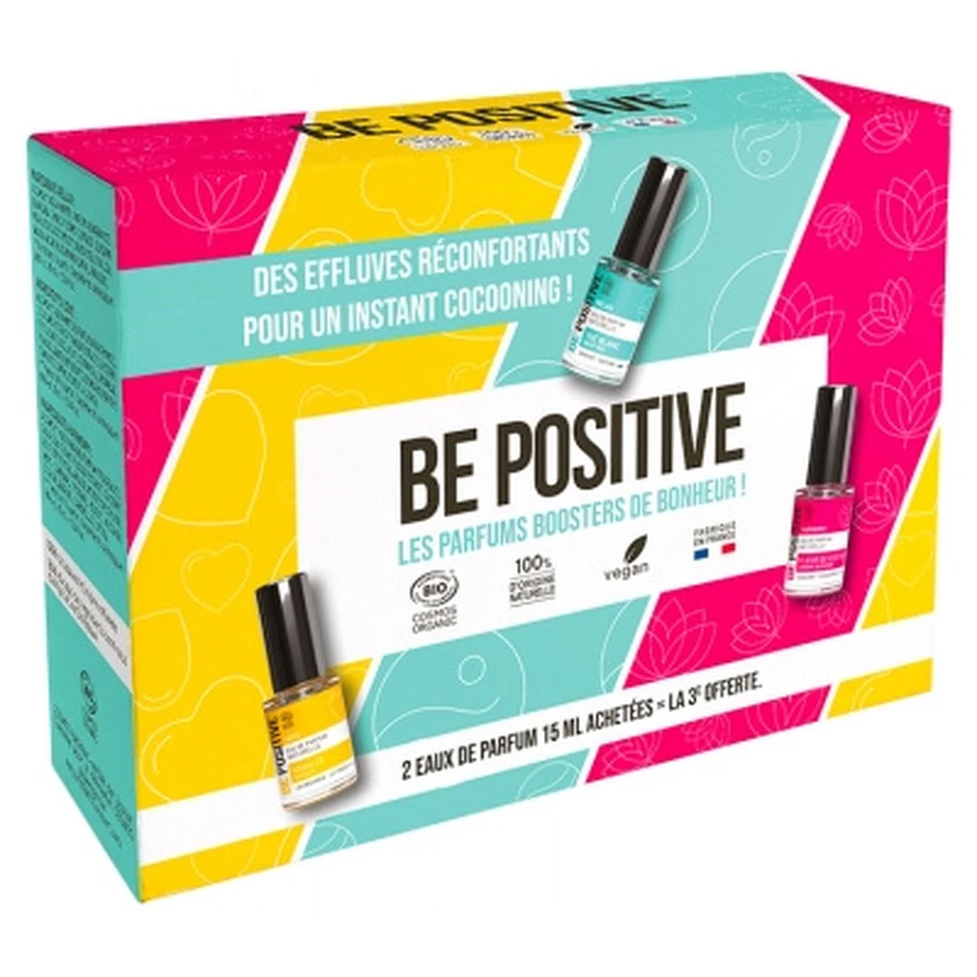 Set de regalo de fragancias reconfortantes «Relax, Love & Harmony» de Be Positive Organic: 2 x 15 ml + 15 ml gratis