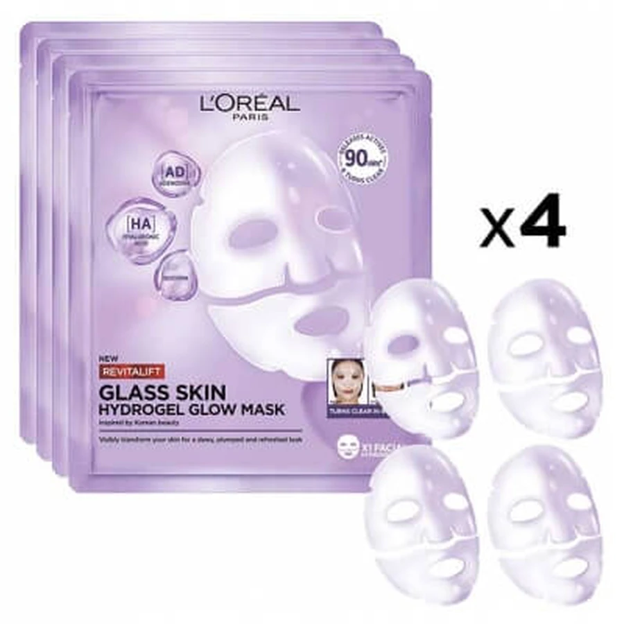 L'Oréal Paris Revitalift Filler Mască hidrogel pentru strălucire, cu efect „glass skin” – 4 măști