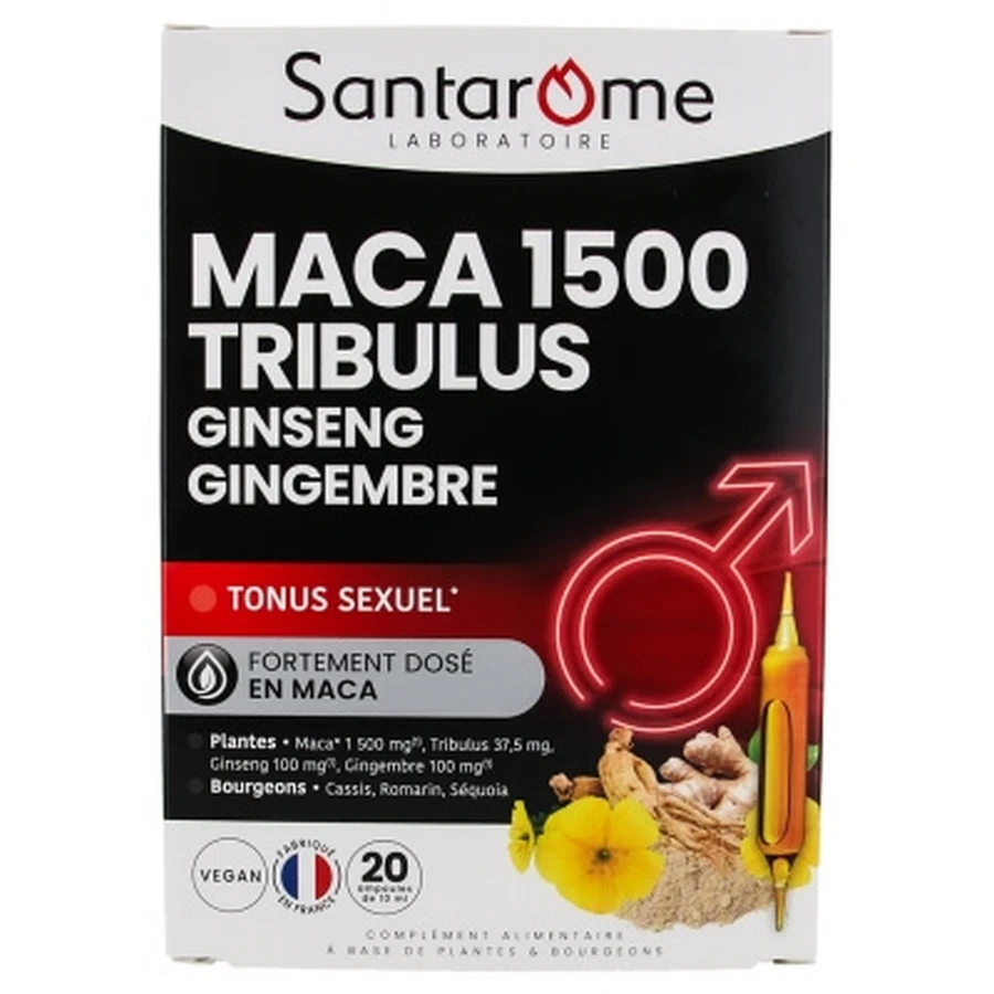 Santarome Maca 1500, Tribulus, ginseng, jengibre — 20 ampollas