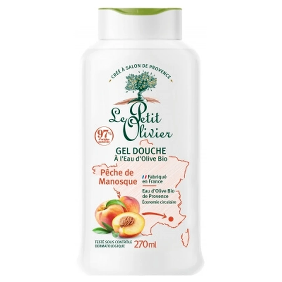 Le Petit Olivier – żel pod prysznic z ekologiczną wodą z oliwek i brzoskwinią z Manosque, 270 ml: ceny i cechy