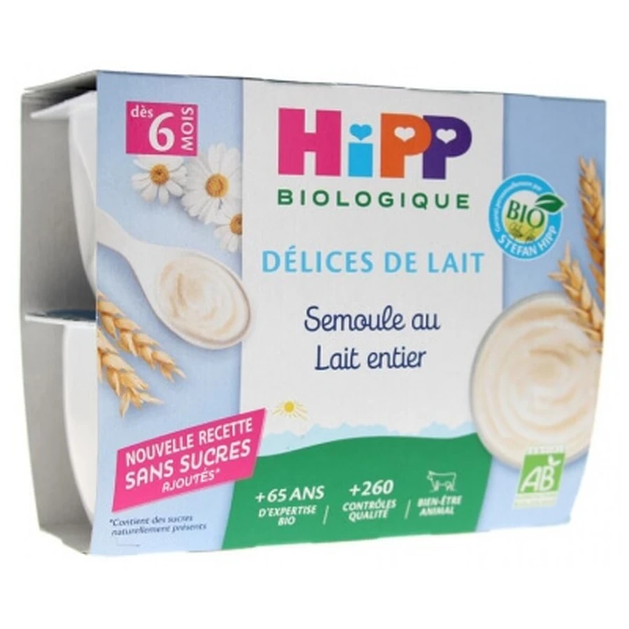 HiPP Delicii din lapte – Griș cu lapte integral, de la 6 luni, ecologic, 4 borcane