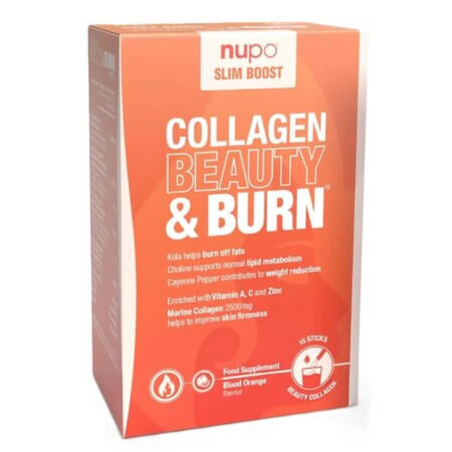 Gehydrolyseerd collageen met bloedsinaasappelsmaak – Collagen Beauty & Burn Slim Boost, 15 zakjes, Nupo
