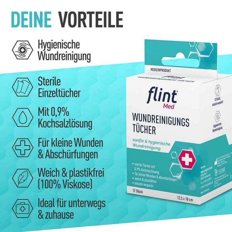 Flint Med Sterile Wound Cleansing Wipes, 12.5 x 18 cm, 20 wipes