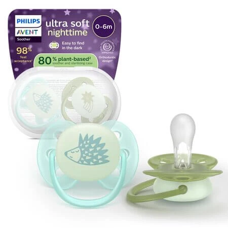 Avent Ultra Soft Glow-in-the-Dark-fopspeenset, groen, 0–6 maanden, SCF094/01, 2-pack, Philips