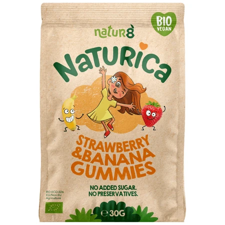 Biologische fruitgummies, aardbeien en bananen, 30 g, Naturica