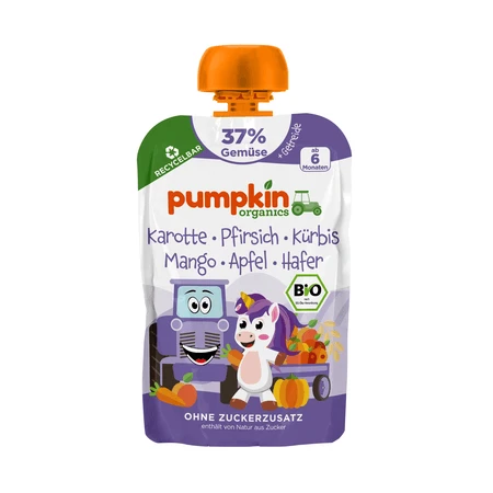 Biologische puree met wortel, perzik, pompoen, mango, appel en haver, vanaf 6 maanden, 100 g, Pumpkin Organics