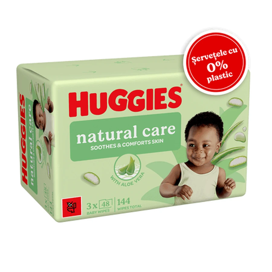 Servetele umede fara plastic Natural Care, Aloe Vera, 3 x 48 bucati, Huggies