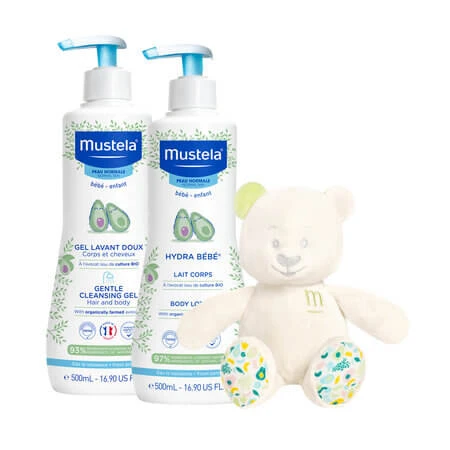 Hydra Bebe Zachte reinigingsgel voor haar en lichaam en bodylotion-set, 2 x 500 ml, Mustela