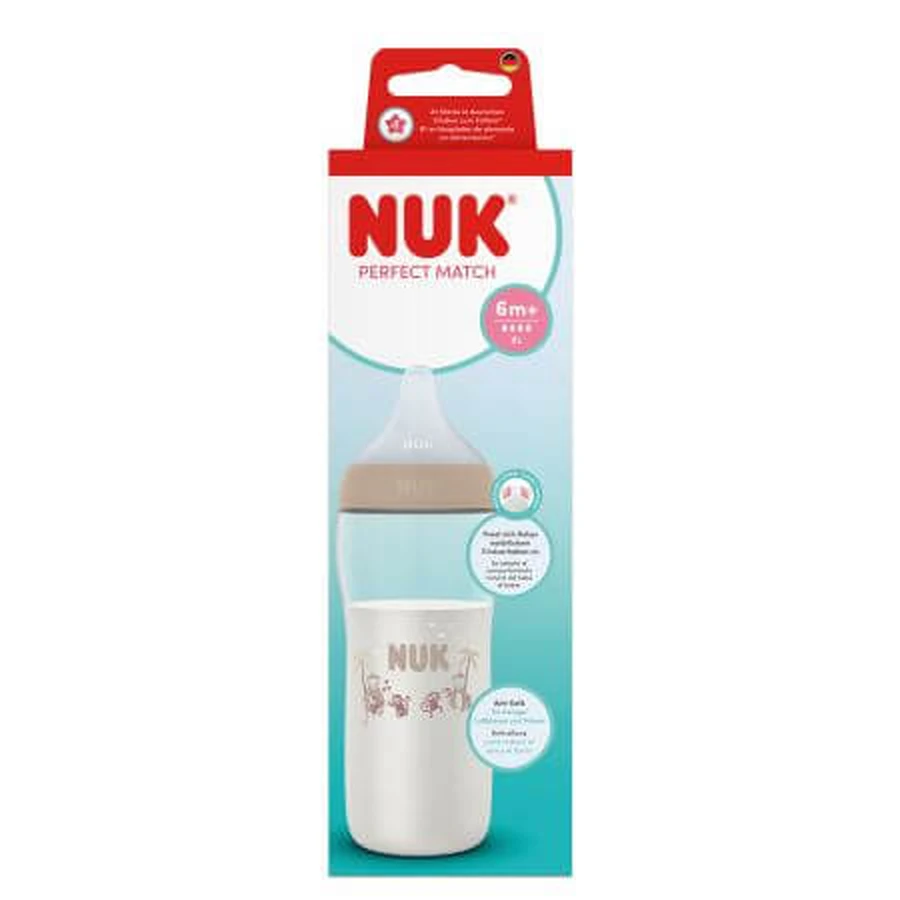 Biberón Perfect Match XL-Flow con tetina de silicona, color beige, a partir de los 6 meses, 360 ml, Nuk