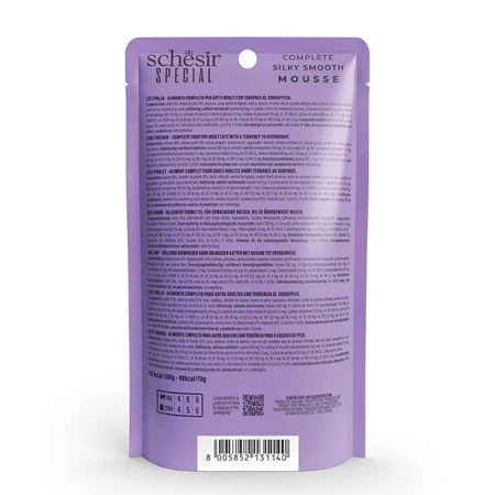 SCHESIR Special Light, Pollo, cibo umido per gatti senza cereali in bustina, per gatti obesi, (mousse), 70 g